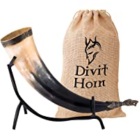 Divit - Cuerno para Beber con Soporte de Hierro- auténtico Cuerno Medieval para Beber Cerveza | Adornos de latón y Saco…